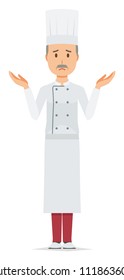 An elderly male chef wearing a cook coat is shrugging his shoulders