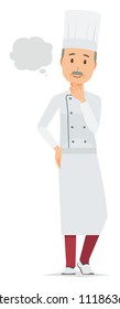 An elderly male chef wearing a cook coat is imagining