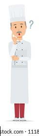 An elderly male chef wearing a cook coat is thinking