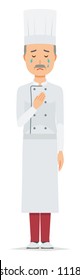 An elderly male chef wearing a cook coat is crying