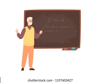 Elderly male college teacher, university professor, lecturer or educational worker standing beside chalkboard, holding pointer and teaching. Colorful vector illustration in flat cartoon style.