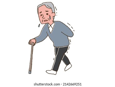 Elderly (male) comical handwritten person who is weak and hard to walk Vector, line drawing and color