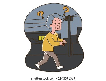 Elderly (male) with dementia wandering in the middle of the night Comical handwritten person Vector, color on line drawing