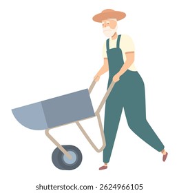Elderly male farmer is pushing an empty wheelbarrow