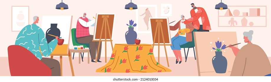 Elderly Male and Female Characters Learn Drawing in Art Studio Class. Old Men and Women Sitting at Easel Create Pictures with Support of Teacher in Workshop. Cartoon People Vector Illustration