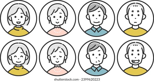 Elderly male and female face icon set