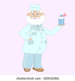 An elderly male physician in a lab coat holds in his hand a bottle of medicine