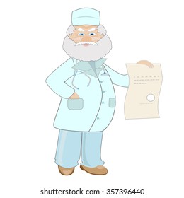 An elderly male physician in a lab coat holding a sheet of paper with the recipe