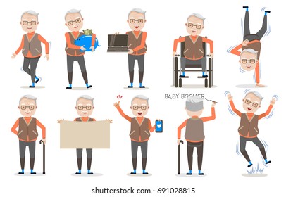 Elderly male poses, emotion in casual clothes in different . Happy retirement concept. saving, finger up, piggy bank, Wheelchair, Walking stick, Stand by hand, Social media With mobile phones,identity