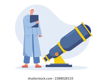 An elderly male professor wearing a lab coat carries a clipboard checking a large telescope. Character design. Vector flat illustration