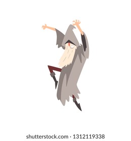 Elderly Male Sorcerer Sorcerer Conjuring, Bearded Wizard Character Wearing Mantle and Pointed Hat Vector Illustration