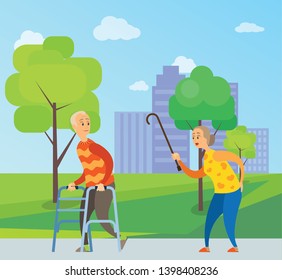 Elderly male vector, disabled man in red sweater looks back on angry old lady with wooden stick, quarrel between old people in city park with trees