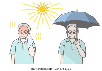 Elderly man about to suffer heat stroke in the blazing sun, and an elderly man preventing heat stroke by holding a parasol