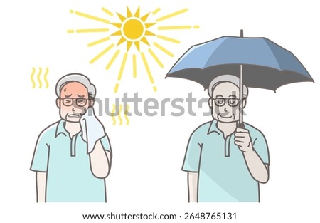 Elderly man about to suffer heat stroke in the blazing sun, and an elderly man preventing heat stroke by holding a parasol
