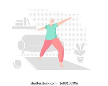 Elderly man alone does yoga at home. Indoor retired leisure. Active healthy lifestyle quarantined. Sport, fitness for senior person. Balance training. Old character doing exercises vector illustration