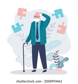 Elderly man with Alzheimer's disease. Grandfather's thoughts get confused in head. Problem of concentration for old people. Senile dementia, loss memory. Nervous system disease. Vector illustration