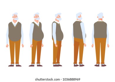 Hombre mayor para la animación. Vista frontal, lateral, trasera, 3/4. Partes separadas del cuerpo. Estilo de caricatura, ilustración vectorial plana.