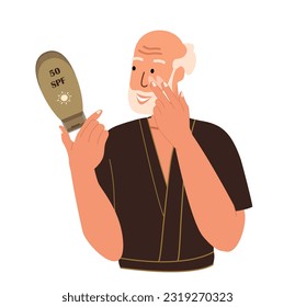Elderly Man Apply SPF protective cream.Old Male face caring routine.Sunscreen Products Sunblocks.Anti-UV Cream,Lotions.Aged Man use Skin protection.Flat Vector illustration on white background