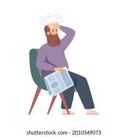 Elderly man in armchair feeling weak and tired, flat vector illustration isolated on white background. Senior man suffering from headache or chronic fatigue.