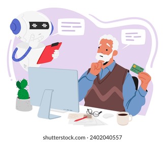 Anciano, Asistido Por Un Bot De Charla Amigable, Navega Por Los Pagos En Línea, Garantizando Transacciones Seguras Y Una Experiencia Digital En El Ámbito De La Tecnología. Ilustración vectorial de personas de dibujos animados de caracteres