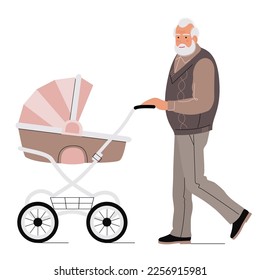 Älterer Mann mit einem Kinderwagen auf einem Spaziergang. Großvater geht mit seiner Enkelin. Flachzeichnung im Cartoon-Stil. Konzept der Hilfe für Eltern von Großeltern. Stock-Vektorgrafik. EPS10.