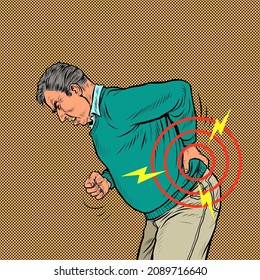 an elderly man back pain, osteochondrosis hernia sprain sciatica and other diseases of the spine and internal organs. Pop art Retro vector Illustration 50s 60s Vintage kitsch style