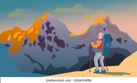 Elderly man with backpack, traveller standing on top of mountain and viewing the landscape. Concept of discovery, exploration, hiking, adventure tourism and travel. Flat vector illustration.