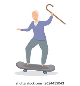 Elderly man is balancing on a skateboard while holding his walking stick in the air