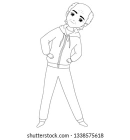 Elderly man with a bald spot in sportswear that make exercise. Old Men Play Sports. Black and white vector illustration. Linear vector illustration.