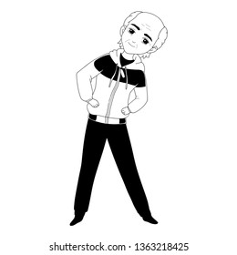 Elderly man with a bald spot in sportswear that make exercise. Old Men Play Sports. Black and white vector illustration. Linear vector illustration.