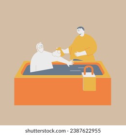 An elderly man in the bathtub and a man washing the man's body. A handrail is installed at the edge of the bathtub.