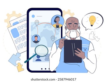 Elderly man with a beard analyzing data on a tablet, with a smartphone displaying a global network and user profiles. Concept of digital research and online connections. Vector illustration