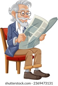 An elderly man with a beard and glasses reading a newspaper on a vintage chair