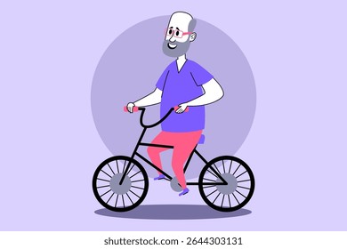 Elderly man with beard and glasses riding bicycle, wearing bright clothes. He smiling in relaxed atmosphere, enjoying his time outside during day