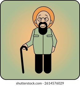 Elderly man with a beard and hat, holding a cane in a standing pose. Friendly flat design vector illustration – ideal for senior care, elderly lifestyle, and assisted living visuals.