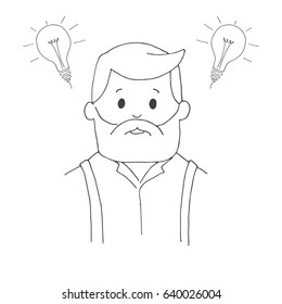 An elderly man with a beard. Lightbulb over his head. Vector illustration in a sketch style.