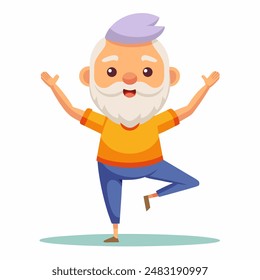 An elderly man with a beard is practicing a yoga position