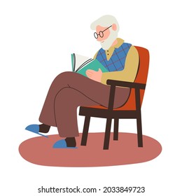 Elderly man with a beard sits in a chair and reads a book, vector illustration in cartoon flat style