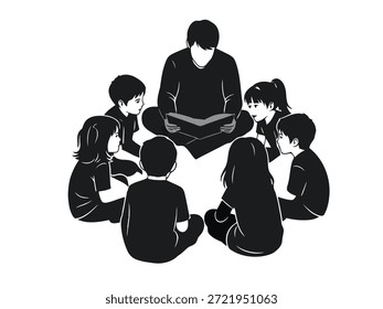 Hombre mayor con barba sentado en un taburete, leyendo activamente una historia cautivadora de un libro abierto a los niños que escuchan atentamente