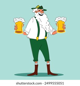 Hombre mayor con barba, en ropa tradicional bávara que sostiene tazas de cerveza espumosas contra fondo azul claro. Fiesta de cerveza. Concepto de Oktoberfest, festival, vacaciones, cervecería. Ilustración vectorial