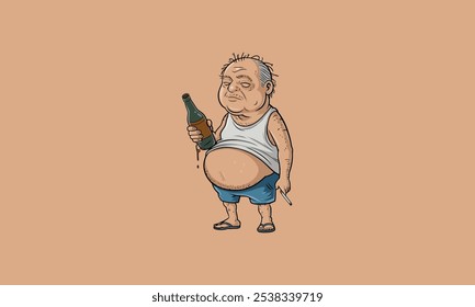 Elderly man with a beer bottle and cigarette, looking tired.