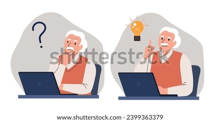 Elderly man before the laptop surrounded by a question mark and finding new idea. Shiny light bulb. Flat style cartoon vector illustration. 