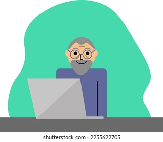 Elderly man behind a laptop, vector. A happy elderly man with glasses and a beard sits at a table with a laptop.