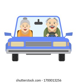 The elderly man behind the wheel of a car.The passenger is an elderly woman.A blue car with red seats.Flat illustrations. Cartoon style.Vector illustration
