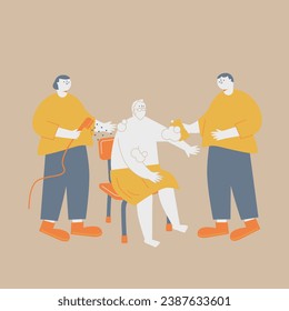 An elderly man being washed by two care staff.