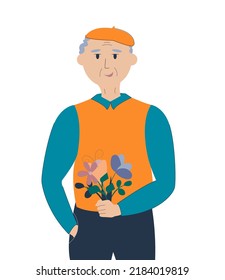 An elderly man in a beret smiling. holding a bouquet of flowers. vector illustration