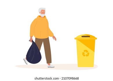 Elderly man with black trash bag going to yellow trash container. Senior man with gray hair and beard wearing casual clothes. Waste management. Colored flat cartoon vector illustration isolated