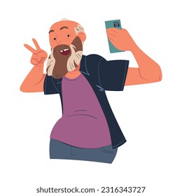 Elderly Man Blogger with Beard Communicating Via Video Link Broadcasting for Audience in Smartphone Camera Showing V Sign Gesture Vector Illustration