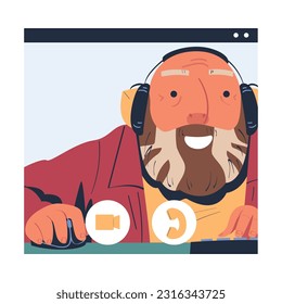 Elderly Man Blogger with Beard and Headphones Communicating Via Video Link Broadcasting for Audience in Webcam and Smiling Vector Illustration