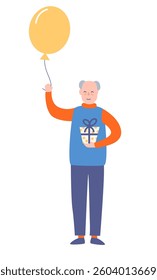 Elderly Man in Blue Sweater with Gift and Yellow Balloon